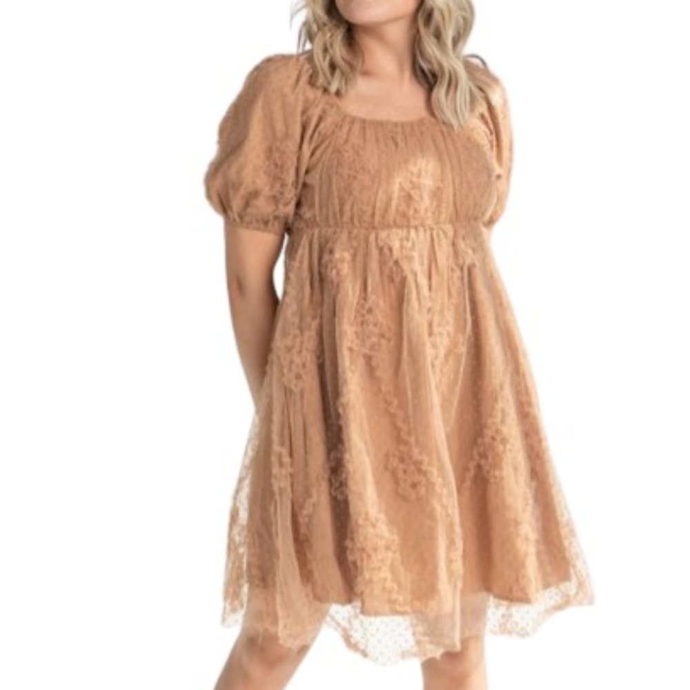 Polagram Womens Zelda Dress Tan Mesh Tulle Ruffled Square Neck Plus 2X